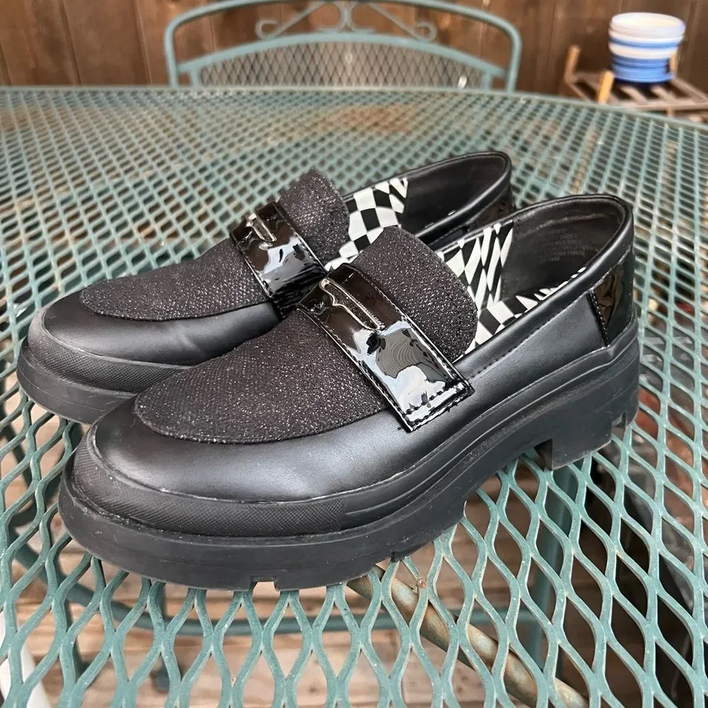 Steve Madden Black Loafers Girls Size 5 Women’s Size 7 Metallic Sparkle Y2K